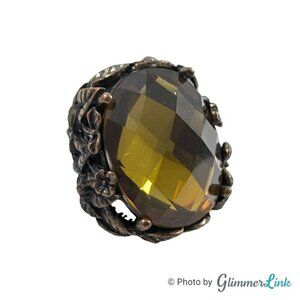 Chunky Nature Themed Faceted Green Acrylic Brass Tone Statement Ring Sz 4